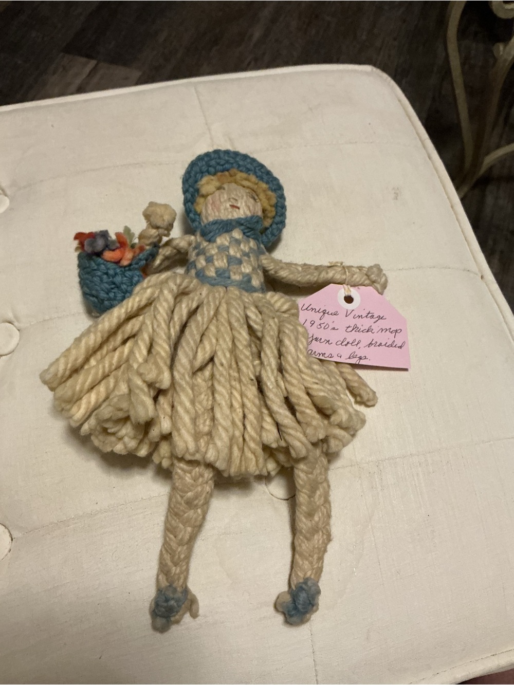 Unique Vintage Cream and Blue Yarn Rag Doll Accent